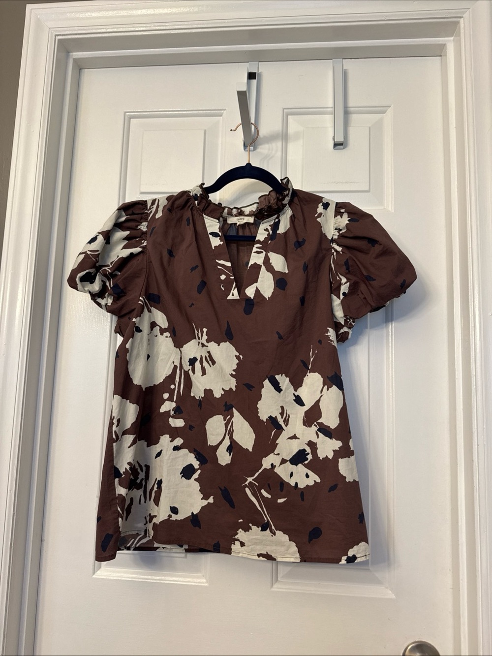 ENTRO Floral Puff Sleeve Top Expresso Brown Large Preppy Boho